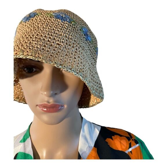 Women’s Beige Woven Paper Hat with Light Blue Flowers One Size Fits Most 12x8in - Picture 11 of 16